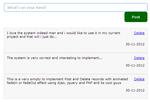 Post and Delete records with animated fadeIn/fadeOut effect using Ajax, jquery and PHP