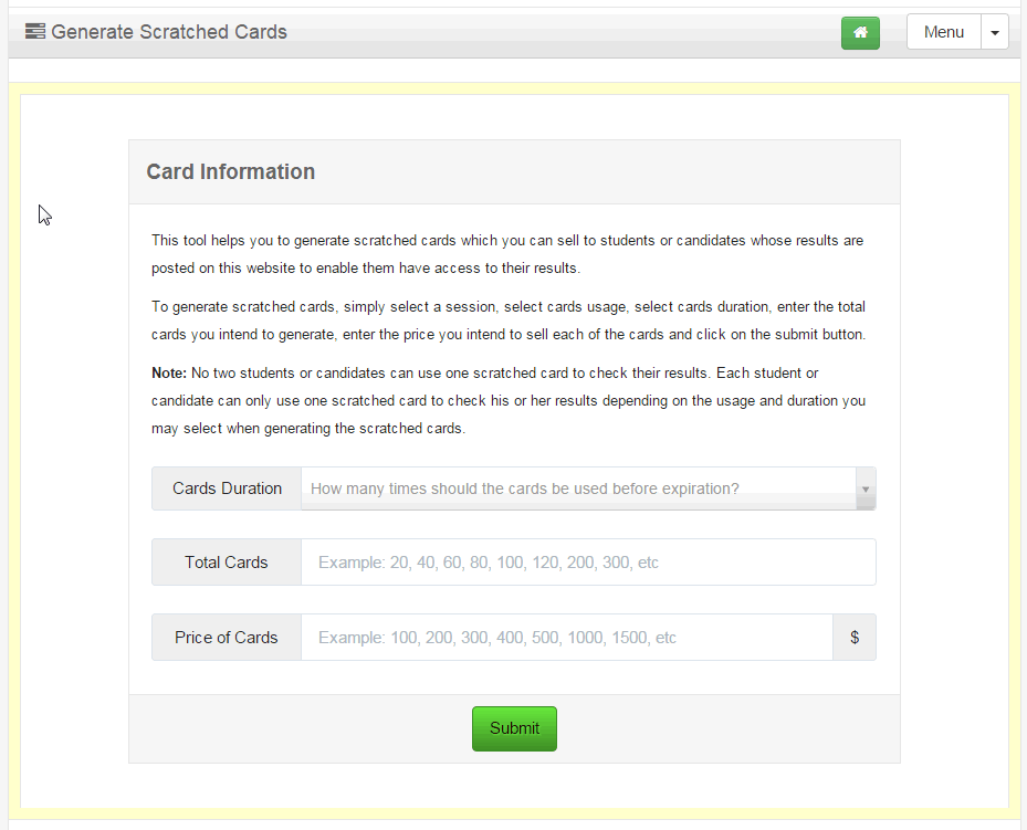 Online Examination System with Scratched Card Generator